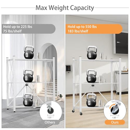 3 Tier Foldable Storage Shelf with Wheels Heavy Duty Garage Shelving - color: White, size: 3 Tier