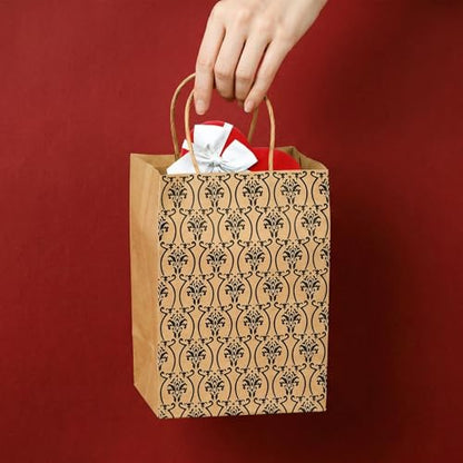 Elsjoy 100 Pack 4 Styles 5" x 8" Small Kraft Paper Gift Bags with Handles, Brown Paper Party Favor Bags, Vintage Paper Goodie Bags for Wedding, Birthday