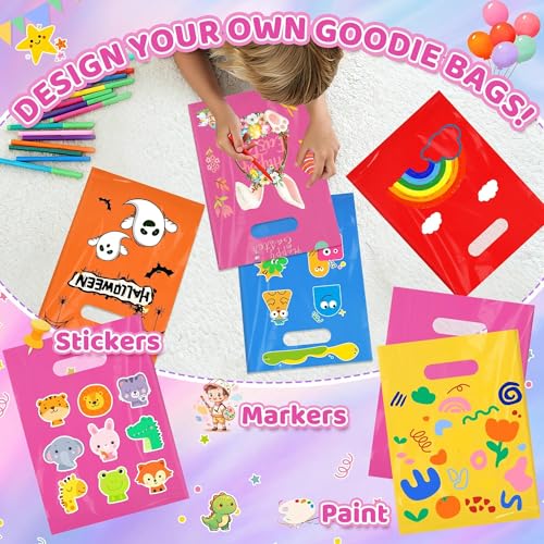 VieFantaisie 50 PCS Hot Pink Party Favor Bags, 8" x 11" Goodie Bags for Candy Treat Craft Easter Egg, Plastic Gift Bag with Die Cut Handles for Birthday Party, School Events & Small Business, Wedding - color: Hot Pink-50PCS-8x11Inch
