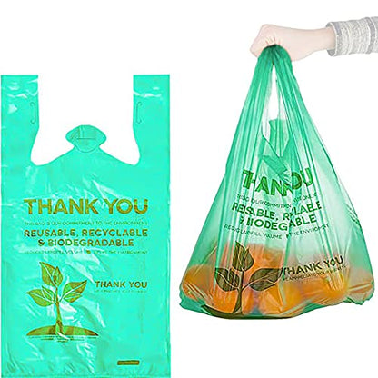 Pack of 50 T-Shirt Bags with Handles 22" x 12" Green Biodegradable Plastic Shopping Thank You Bags for Supermarket Groceries Retail Store Restaurant Small Business and On The Go Use - style: 50 pcs