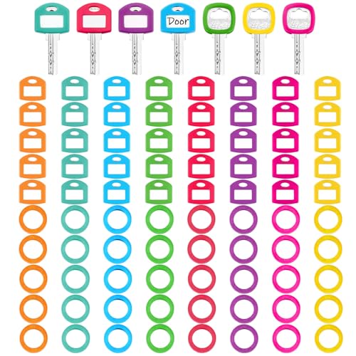 Blulu 80 Pcs Key Labels Key Color Covers Caps Tags Covers Set Plastic Keys Identifier Rings Toppers for Tags Organization House, 2 Styles(Rainbow Color) - color: Rainbow Color
