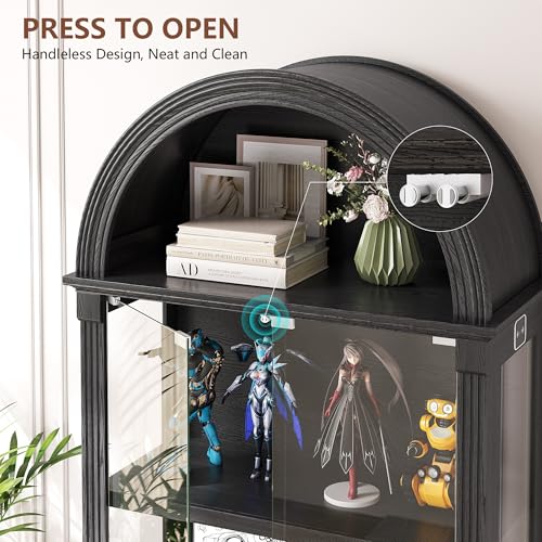 Black Curio Cabinet with Glass Doors, 72" Tall Arched Display Cabinet with Human Sensor Lights, 4-Tier Display Case for Collectibles Bookcase Living Room - color: Black