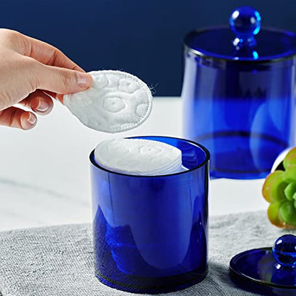 SheeChung 3 PCS Qtip Holder Bathroom Set with Tray, Acrylic Apothecary Jars - color: Blue