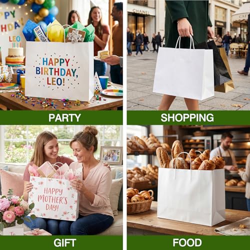 OUTUXED 200pcs 16x6x12 Inch White Paper Bags with Handles, Large Gift Bags - color: White, size: 1 Count (Pack of 200)