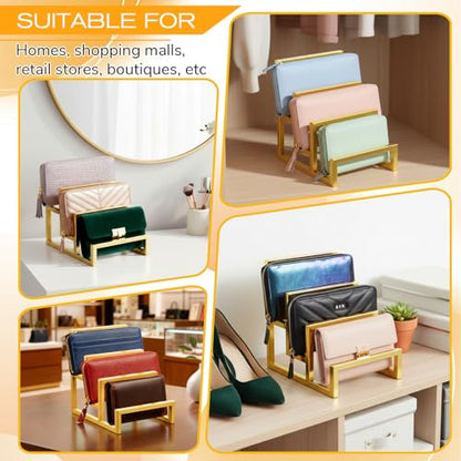 2 Pack Purse Organizer for Closet Display, 3 Layer Gold Wallet Display Riser Stand Clutch Purse Organizer Metal Wallet Rack for Handbag Home Retail Boutique Store Supplies