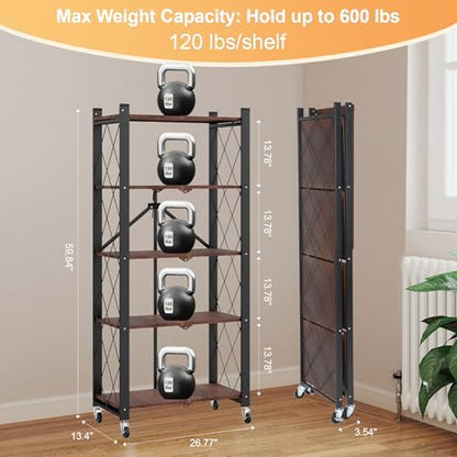5-Tier Foldable Storage Shelves with Wheels,Folding Bookshelf no Assembly - color: Rustic Brown, size: 5 Tier