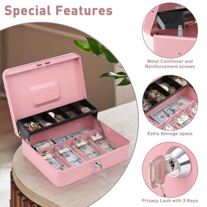 KYODOLED Locking Cash Box with Lock, Money Box with Cash Tray,Lock Safe Box with Key, Money Saving Organizer, 11.81Lx 9.45Wx 3.54H Inches, Pink XL Large - color: Pink