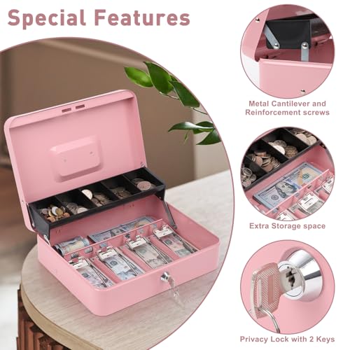 KYODOLED Locking Cash Box with Lock, Money Box with Cash Tray,Lock Safe Box with Key, Money Saving Organizer, 11.81Lx 9.45Wx 3.54H Inches, Pink XL Large - color: Pink