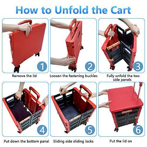 Quick Utility Cart Four -Rotate Wheeled Collapsible Handcart with Durable Heavy Duty Plastic Telescoping Handle for Travel Shopping Moving Luggage Office Use - color: Red