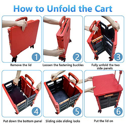 Quick Utility Cart Four -Rotate Wheeled Collapsible Handcart with Durable Heavy Duty Plastic Telescoping Handle for Travel Shopping Moving Luggage Office Use - color: Red