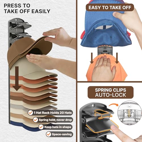 Spring Clip Hat Organizer Hold Storage 40 Caps for Baseball Caps（2-Pack） Wall Mount Closet & Door Hat Rack Holder Hanging Closet Install with Strong Adhesive or Screws.