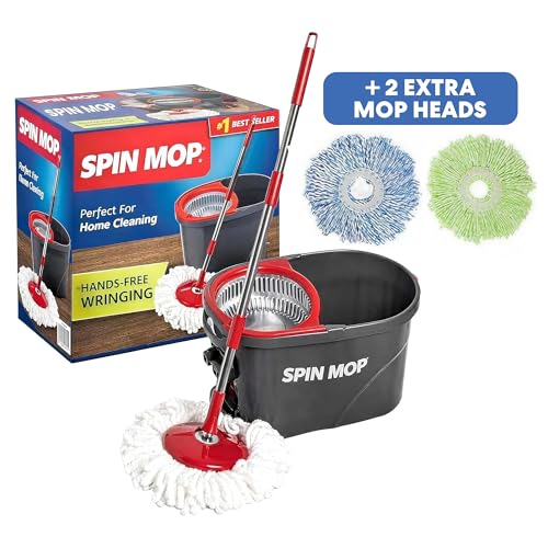 Simpli-Magic 79349 Spin Mop Cleaning System with 3 Microfiber Mop Heads, Red/Black - color: Red