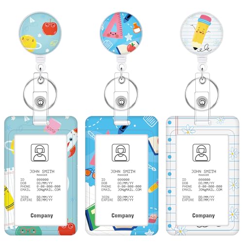 3 Pack Retractable Badge Holders with Clip Badge Reel Stationery Pattern - color: Stationery