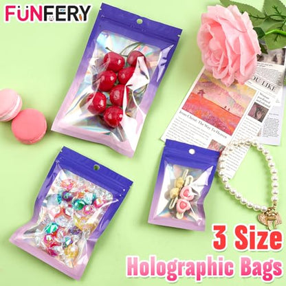 Funfery 300 Pack 3Size Mylar Holographic Bags with Clear Window,Purple Pink - color: Purple Pink, size: 3x4.7+4x6+4.7x7.9 Inch