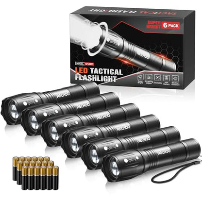 RECHOO 6-Pack LED Flashlight, Bright Small Flashlights High Lumens, 3 Modes, Battery-Powered Pocket Mini Flashlights, Flash Light Adjustable Focus, Waterproof Flashlights for Home Emergency Camping - color: Black, size: 6 Pack