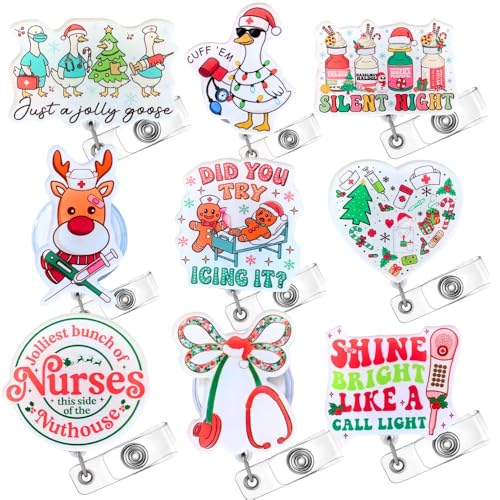 9PC Nurse Christmas Badge Reels Funny Silly Goose Cute Gingerbread Man Fall Halloween Holiday Seasonal Festive ID Name Holder Retractable Clip Medical Accessory Bulk Gifts for Nurses Nursing Students - style: Nurse Christmas