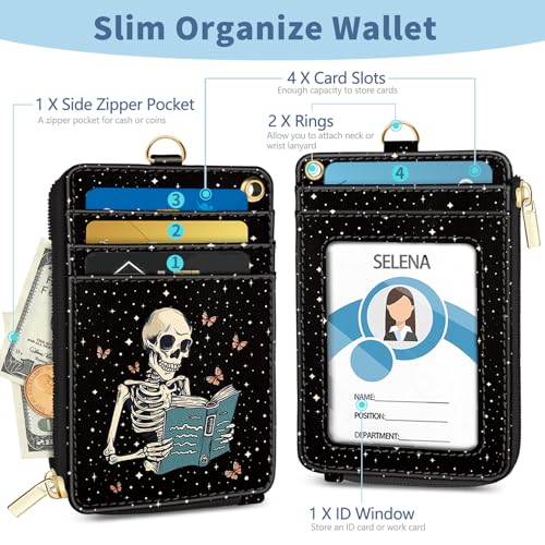 Lanyard Wallet with Id Badge Holder Keychain Card Women Skeleton - color: Skeleton Book