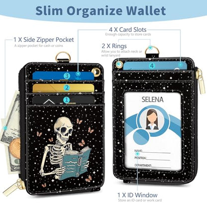 Lanyard Wallet with Id Badge Holder Keychain Card Women Skeleton - color: Skeleton Book
