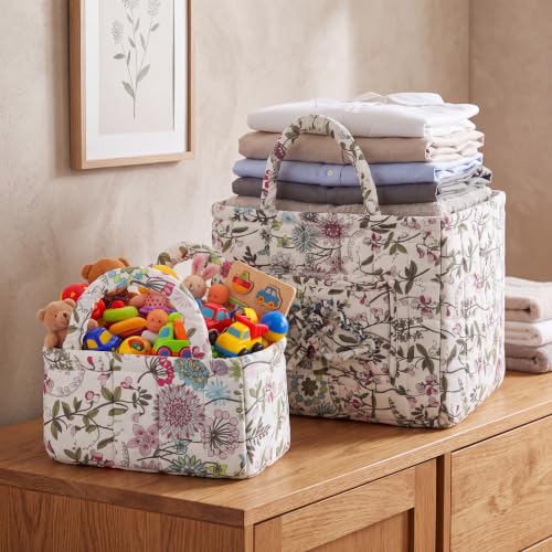 2 Pcs Quilted Fabric Storage Basket with Handles Large Capacity Laundry Basket Boho Foldable Floral Laundry Organizer Bin for Home Picnic Shopping Travel - style: Floral