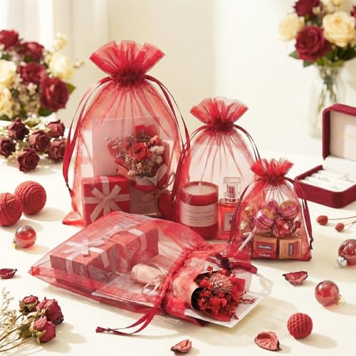 FUNFERY 100Pcs Red Organza Bags 5x7 in,Small Mesh Drawstring Gift Bag - color: Classic Red