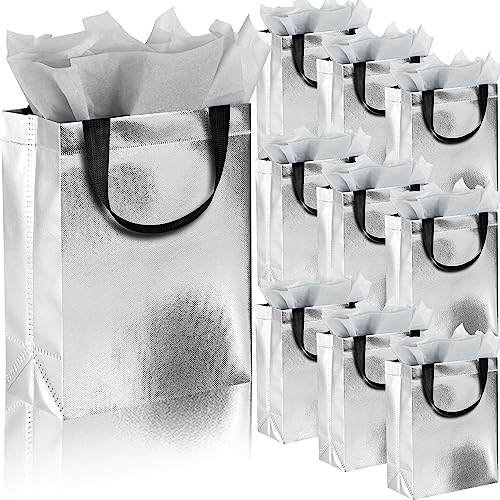 GITMIWS Sparkle Gift Bags with Tissues – Set of 9 Silver Reusable Shiny Gift Bag Medium size - Ideal As Goodie Bags, Birthday, Wedding, Party Favor Bags - color: Silver-9Pcs-Medium Size