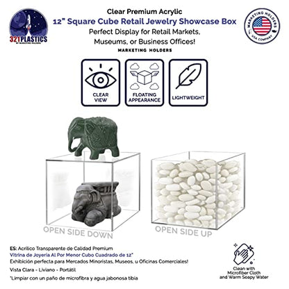 4 Pack 12 Inch Acrylic Display Riser Boxes Retail Product Risers Clear Bins No Lids with Hollow Bottom Merchandise Storage Caddy One Open Side No Assembly by Marketing Holders - size: 12"w x 12"h