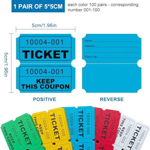 1000 Pcs Raffle Tickets Roll, 50/50 Raffle Tickets for Events, Fundraisers & Parties (5 Colors), Class Reward, Fundraiser & Prizes, Total in Five Colors (500 Pairs)