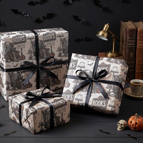 WRAPAHOLIC Kraft Halloween Skeleton Reading Wrapping Paper Roll - Mini Roll - 17 Inch x 16.5 Feet - Vintage Gothic Kraft Wrapping Paper for Halloween, Party, Birthday, Holiday