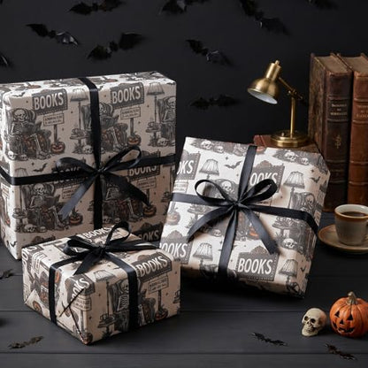 WRAPAHOLIC Kraft Halloween Skeleton Reading Wrapping Paper Roll - Mini Roll - 17 Inch x 16.5 Feet - Vintage Gothic Kraft Wrapping Paper for Halloween, Party, Birthday, Holiday