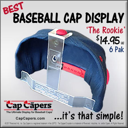 Cap Capers® Baseball Cap Display; Wall Mounted Hat Rack; Baseball Cap Storage & Organization; (6 pk) Great for Cap Collectors. The Ultimate Display for Baseball Caps