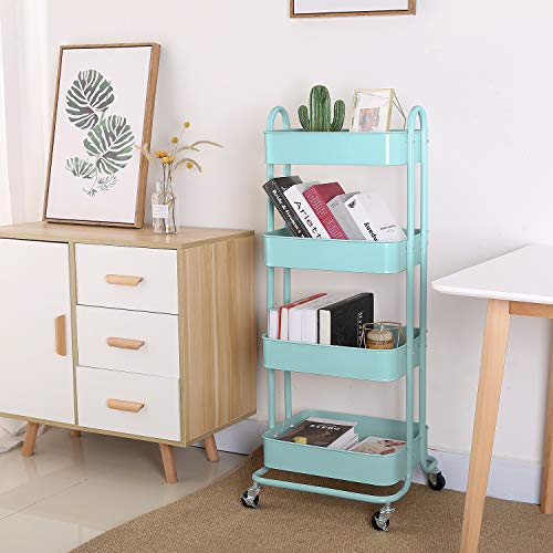 Melody House 4-Tier Metal Mesh Utility Rolling Cart Storage Organizer Shelf Rack with Lockable Wheels for Living Room Kitchen Office, Turquoise - color: B-turquoise