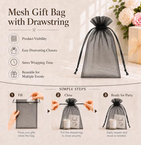 Jexila 100 Pack Mesh Organza Bags 5X7 Inch Drawstring Small Gift Bag Black - color: Black