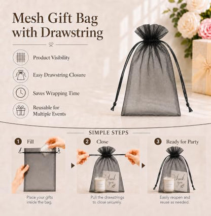 Jexila 100 Pack Mesh Organza Bags 5X7 Inch Drawstring Small Gift Bag Black - color: Black