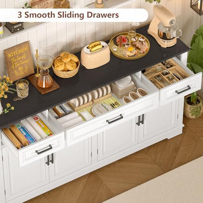 usikey 59” Large Buffet Cabinet with 4 Doors and 3 Drawers, Buffet Sideboard Cabinet with Storage and 2 Adjustable Shelves, Coffee Bar, Wine Bar for Living Room, White - color: White+black -59"w
