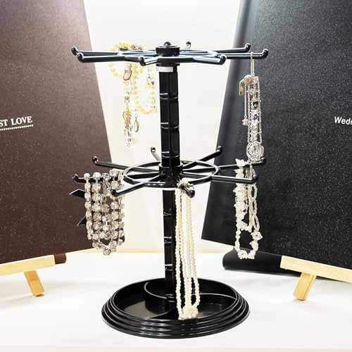 2 Tier Rotating Jewelry Display Stand, Necklace Holder, Jewelry Tree Stand, DIY Organizer for Bracelets, Necklaces, Earrings, Rings, Watches (Black) - color: Black