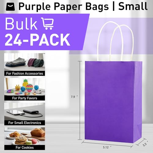 SUNCOLOR Purple Gift Bags with Tissue Paper, 24 Pack 8" Small Kraft Paper Party Favor Bags with Handles for Birthdays, Weddings, Bridal Showers - color: Purple