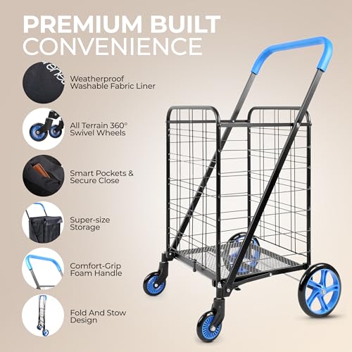 SereneLife Small Compact Folding Shopping Cart with Removable Waterproof Liner – 360° Swivel Wheels, Rust‑Proof Steel Frame, 70 lb Capacity – Portable Grocery, Laundry & Travel Cart (Blue) - color: Blue