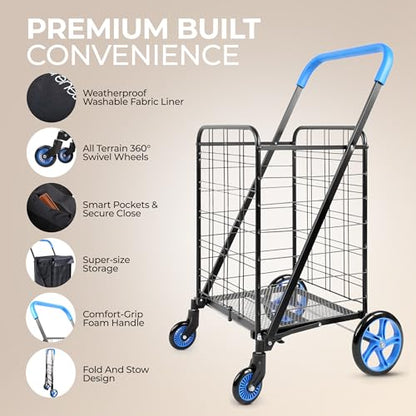 SereneLife Small Compact Folding Shopping Cart with Removable Waterproof Liner – 360° Swivel Wheels, Rust‑Proof Steel Frame, 70 lb Capacity – Portable Grocery, Laundry & Travel Cart (Blue) - color: Blue