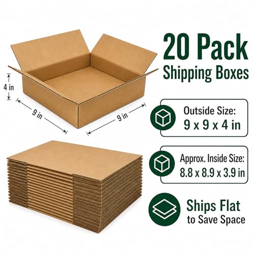 9x9x4 Brown Kraft Shipping Boxes for Small Business, 20 Pack - size: 9x9x4 Inch