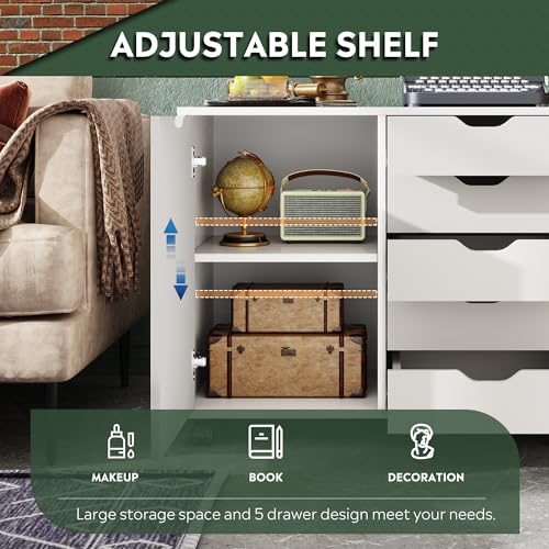 DEVAISE 5-Drawer Wood Drawer Cabinet, Office Storage Cabinet, White - color: White