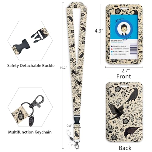 Giancomics Goth Crow Lanyards for ID Badges, Badge Holder Retractable Reel - color: Floral Crow