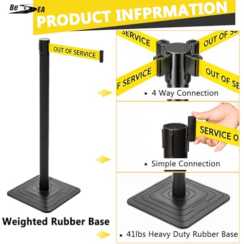4 Pack Crowd Control Stanchions with 10FT Retractable "Out of Service" Belt - color: OUT OF SERVICE BELT