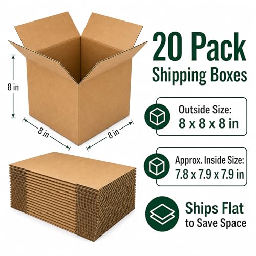 8x8x8 Brown Kraft Shipping Boxes for Small Business, 20 Pack - size: 8x8x8 Inch