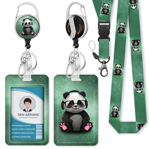 Piefly Lanyards for Id Badges, Teacher Card Holder Retractable Reel Panda - color: Panda