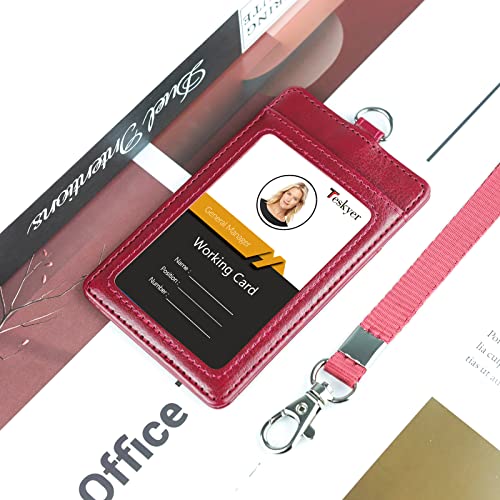 Teskyer Leather ID Badge Holder with Lanyard, Vertical Wine Red - color: Wine Red, size: Vertical