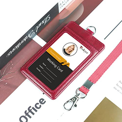 Teskyer Leather ID Badge Holder with Lanyard, Vertical Wine Red - color: Wine Red, size: Vertical