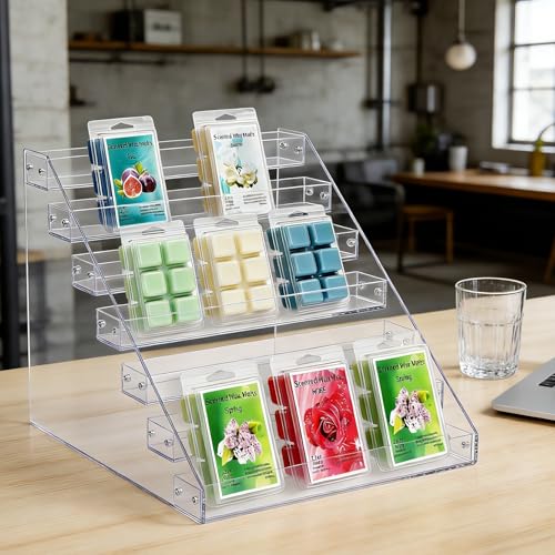 2 Pack 12" Wax Melt Holder Display, 7 Tier Clear Acrylic Risers Display Stands, Perfume Shelf & Organizer for Wax Cubes Wax Melt Candles,Clear