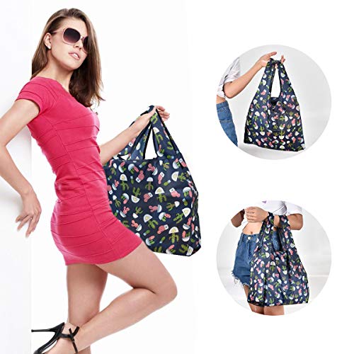 inOne Reusable Grocery Bags Portable Foldable Shopping Tote Bags with Pouch - color: 1 Pack Blue Flamingos