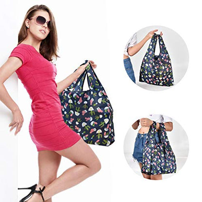 inOne Reusable Grocery Bags Portable Foldable Shopping Tote Bags with Pouch - color: 1 Pack Blue Flamingos