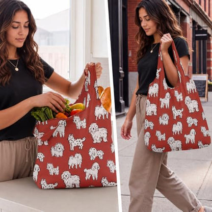 Stelle Lightweight Reusable Grocery Bag with Handles Ripstop Nylon Foldable Tote Shopping Bags for Travel and Groceries - color: Charlie Pals | Maroon